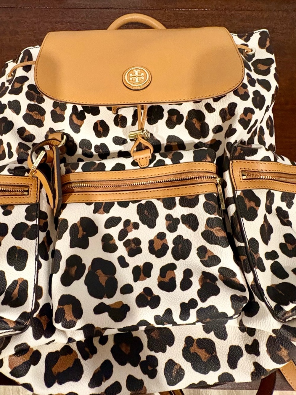 Tory Burch Leopard Print Drawstring Backpack with Tan Trim - Picture 7 of 7